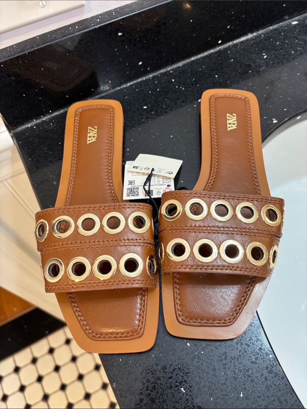 NWT ZARA Brown Slide Sandals with Gold Eyelet Trim